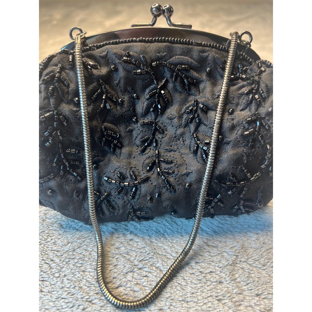 Indeed Black Beaded Satin Evening Clutch Bag Floral Embroidery Kiss‎ Lock Formal